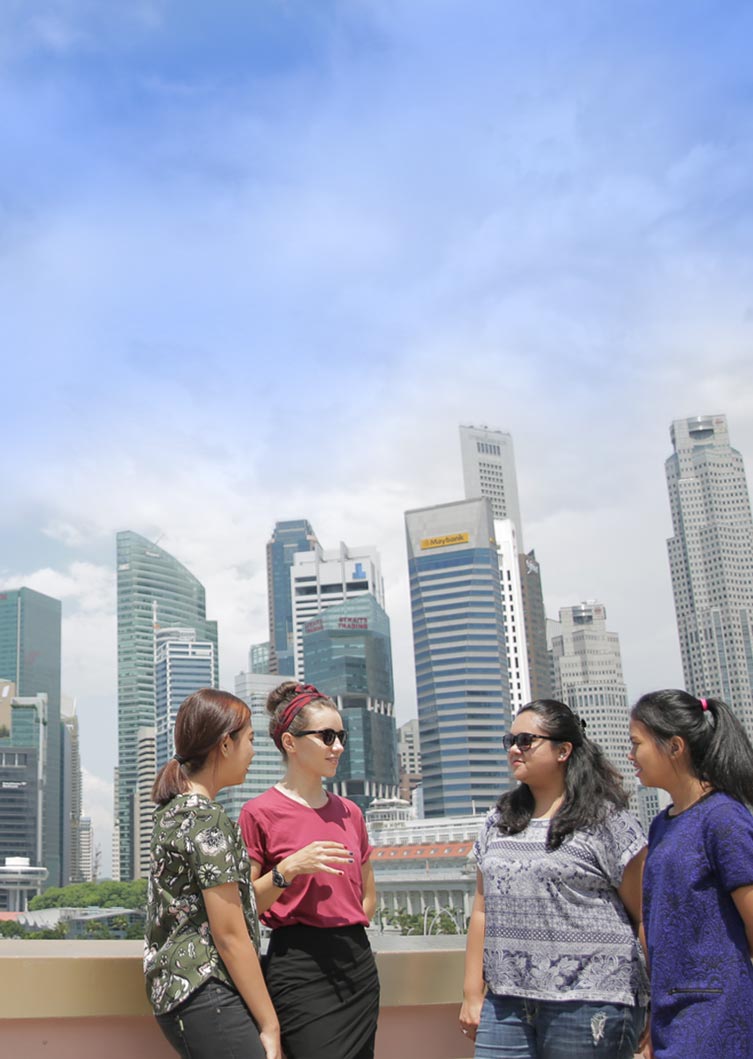 Ethnic groups in Singapore against business citycape skyline